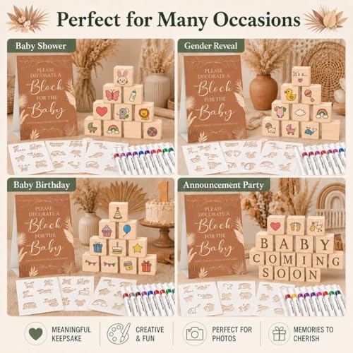 117 Pcs Baby Shower Blocks to Decorate Game Kit, 52 Wooden Baby Blocks for Baby Shower Games, 24 Acrylic Markers, 10 Stencils, Game Sign, DIY Baby Shower Activity & Gender Reveal Decor, Kraft Boho - Image 4