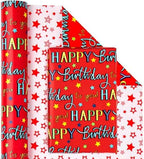 WRAPAHOLIC Jumbo Reversible Birthday Wrapping Paper - 30 Inch x 100 Feet Jumbo Roll - Red Happy Bday to you Lettering and Stars Design for Birthday, Baby Shower - Image 2