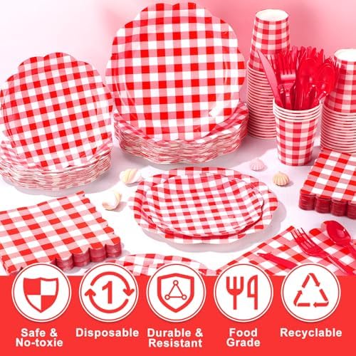 Funnymoom 400 Pcs Red Gingham Party Supplies for Picnic Party Decoration - Image 4