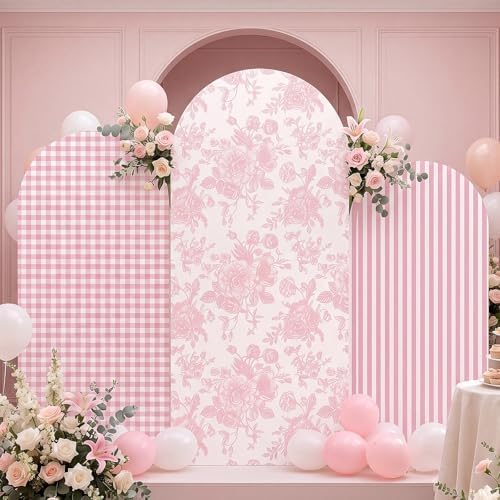 SiliFine Set of 3 Pink Chinoiserie Floral Arch Cover 4ft 5ft 6ft Gingham Stretchy Backdrop Covers Striped Backdrop Cover for Wedding Birthday Party Bridal Shower Baby Shower Celebration - Image 5