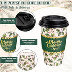 Whaline 50Pcs Christmas Disposable Coffee Cups with Lids and Sleeves Xmas Holly Berry Paper Drinking Cup for Winter Holiday Party Supplies - Image 3