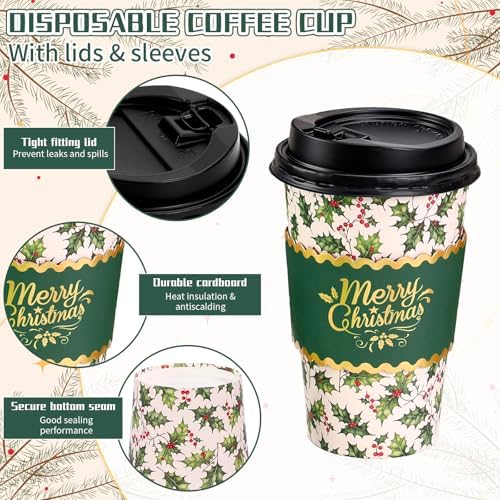 Whaline 50Pcs Christmas Disposable Coffee Cups with Lids and Sleeves Xmas Holly Berry Paper Drinking Cup for Winter Holiday Party Supplies - Image 3