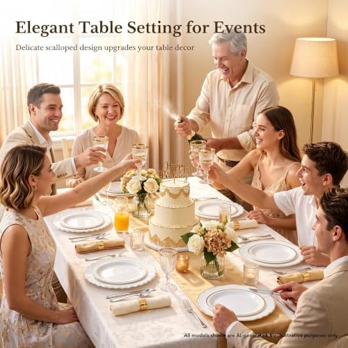 realluck 200PCS White and Gold Plastic Plates, Elegant Disposable Party Plates - 100 Dinner & 100 Dessert Plates, fancy plastic plates for Wedding, Anniversary - Image 3