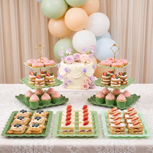FoldTier 6 Pack Cupcake Stand Set 3 Pcs 3 Tier Gradient Dessert Table Display Stands Cookie Tray Rack 3 X14 in Rectangle Party Trays for Wedding Birthday Tea Party Baby Shower(Green,Rectangle) - Image 5