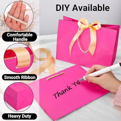 EUSOAR Paper Bags with Handle, 50pcs 10.6"x3.1"x8.3" Heavy Duty Hot Pink Thank You Gift Bags with Bow Ribbon Handle, Gift Treat Party Favor Paper Bags Bulk for Merchandise Shopping Wedding Birthday - Image 4