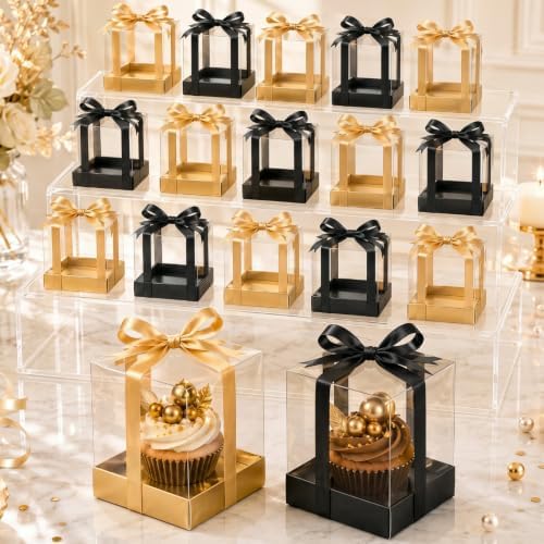Gerrii 100 Pcs Clear Plastic Individual Cupcake Boxes 3.5" Single Cupcake Containers Transparent Ornament Gift Box with Inserts and Ribbon for Wedding Baby Shower Party Favor (Gold and Black) by Gerrii