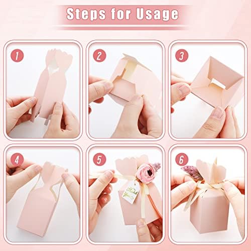 TaoBary 50 Pcs Wedding Favor Boxes with Flower Thanks Card Ribbon, Pink - Image 3
