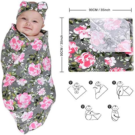 4 Pack Maternity Robe and Matching Baby Swaddle Blanket with Hat Headband Set, Stretchy Knitted Delivery Nursing Dress with Pockets and Receiving Blanket for Mummy and Baby (Grey Flower) - Image 3