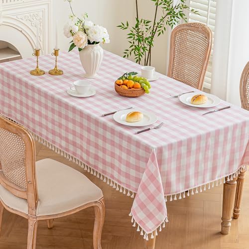 Pink Gingham Tablecloth Rectangle, Cotton Linen Plaid, 55x106 Inch - Image 2