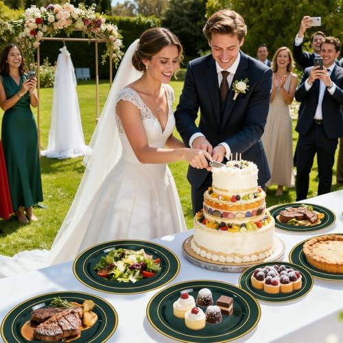 WDF Partyware 350PCS Green and Gold Plates - Green Plastic Plates 50Guests Plastic Plate with Rolled Napkins for Party/Birthday/Wedding - Image 4