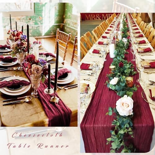 10FT 12 Pcs Burgundy Cheesecloth Table Runner Gauze Fabric Boho Cheese Cloth Table Runner Rustic Semi Sheer Runner for Wedding Holiday Bridal Shower Birthday Party Table Decor (35 x 120 Inches Long) - Image 5