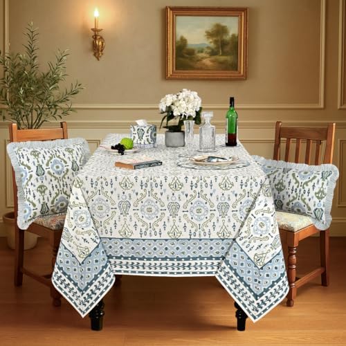 Ridhi Coastal Ikat Blue and Sage Green Hand Block Print Cotton Rectangle Tablecloth 54x54 inch Reusable Table Cover Decorative Everyday Use for Dining Room, Farmhouse, Home Gift for Spring, Summer - Image 2