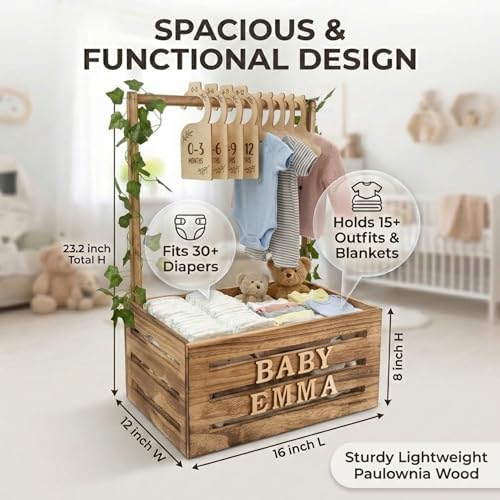 Wooden Baby Shower Crate Closet & Basket with Hanger Rack - Customizable Gift Basket with 2x Alphabet Letter Sets, Hangers, Dividers, Ivy Garland,Nursery Decor Girls Boys(Rustic Burnt Wood) - Image 5