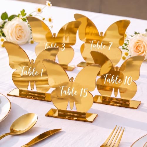Lewtemi 15 Pcs Butterfly Gold Wedding Table Numbers 1-15 with Stands, Double Sided Mirror 4x5 Inch Acrylic Butterfly Signs Numbers for Reception, Wedding, Party, Anniversary, Events Table Decor by Lewtemi