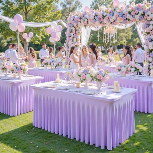 2 Pack Purple Table Cloth for 8 Foot Rectangle Tables Spandex Fitted Tablecloth 8ft Stretch Table Covers Skirt Purple Banquet Tablecloths Wrinkle Free Tablecloth for Party Wedding Birthday Event - Image 3