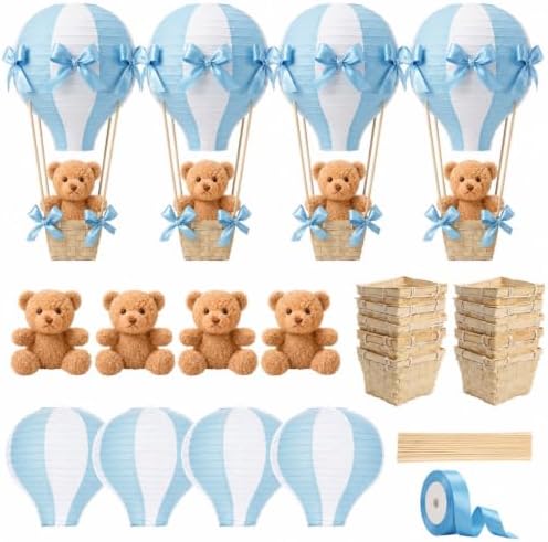 Meooeck 4 Sets Bear Hot Air Balloon Baby Shower Centerpiece, Blue by Meooeck
