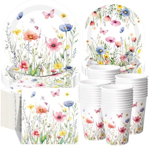 Wildflower Party Decorations, Paper Plates Napkins Cups Serve 50, Vivid by Ziliny
