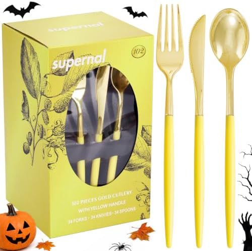 Supernal 102Pcs Yellow and Gold Plastic Silverware Set for Wedding Parties by supernal