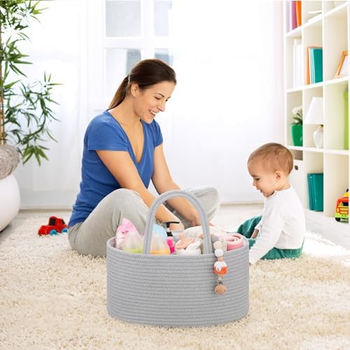 COMSE 2 Pack Baby Diaper Caddy Organizer, Diaper Basket, Baby Car Organizer, Diaper Change Organizer, Portable Tote Bag with Divider, Gift Baskets Empty, Cute Basket, 2 Sizes, Cool Gray - Image 3
