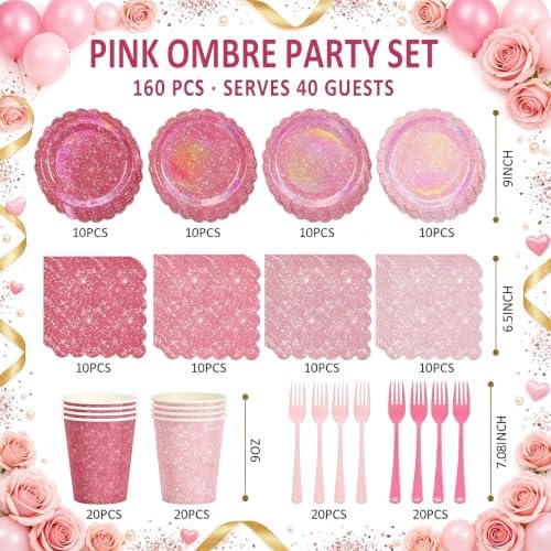 Pink Iridescent Party Tableware for 40 Guests, Holographic Paper Plates - Image 2