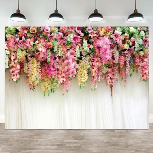 15x10ft Pink Floral Backdrop White Curtain Wedding Reception Photography Background Colorful Flowers Anniversary Bridal Shower Decorations Birthday Party Baby Shower Portrait Photo Booth Prop by ASDCXZ
