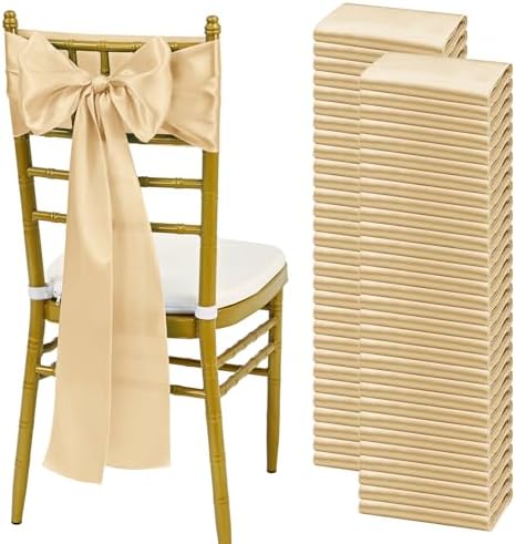 YMHPRIDE 60 PCS Champagne Satin Chair Sashes, 7x108 Inch Ties Chair Bows by YMHPRIDE