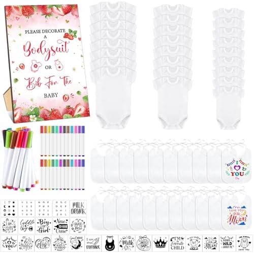 Panitay 100 Pcs White Baby Bodysuits Bibs Kit 25 Guests, Strawberry by Panitay