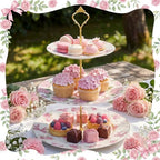 3 Tier Pink Floral Cake Stand Ceramic Coquette Dessert Stand with Gold Metal Rack Shabby Hydrangea Bow Cupcake Tower for Wedding Bridal Shower Baby Shower Birthday Afternoon Tea Party - Image 5