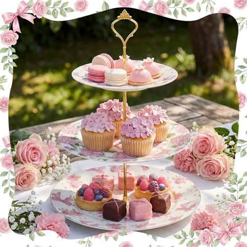 3 Tier Pink Floral Cake Stand Ceramic Coquette Dessert Stand with Gold Metal Rack Shabby Hydrangea Bow Cupcake Tower for Wedding Bridal Shower Baby Shower Birthday Afternoon Tea Party - Image 5