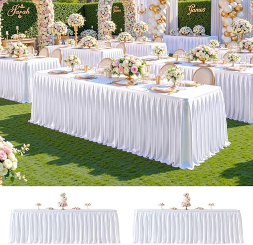 2 Pack 8ft White Satin Tablecloths for Rectangle Tables Spandex Table Cover by PartyTalk
