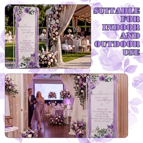 Floral Wedding Welcome Sign Stand with Satin Ribbon(Purple) - Image 3