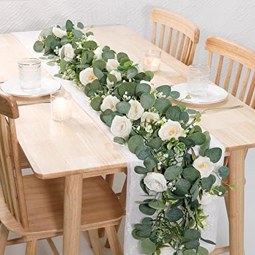 TOCHGREEN 2 Pack 13FT Artificial Eucalyptus Flower Garland with White Roses - Image 2