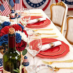 Liacere 350PCS Red Plastic Plates - Red Disposable Plates With Gold Rim - 50Guest Baroque Plastic Dinnerware include 100Plates-50Pack Pre Rolled Napkins with Silverware 50Cups for Independence Day - Image 2
