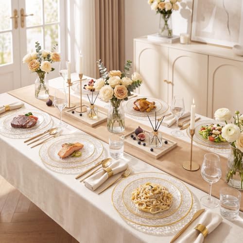 Rubtlamp 60Pcs Clear Gold Plastic Plates, Gold Glitter Disposable Plates, Hammered Plastic Plates Included 30 Dinner Plate And 30 Dessert Plates for Party - Image 6