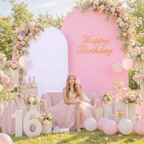 White Pink Arch Backdrop Cover Set of 2-7.2ft 6ft Dual Color Wedding Arch Cover-Wrinkle Free Stretchy Spandex Fitted Chiara Arch Stand Cover for Birthday Party Baby Shower Photo Photography - Image 3