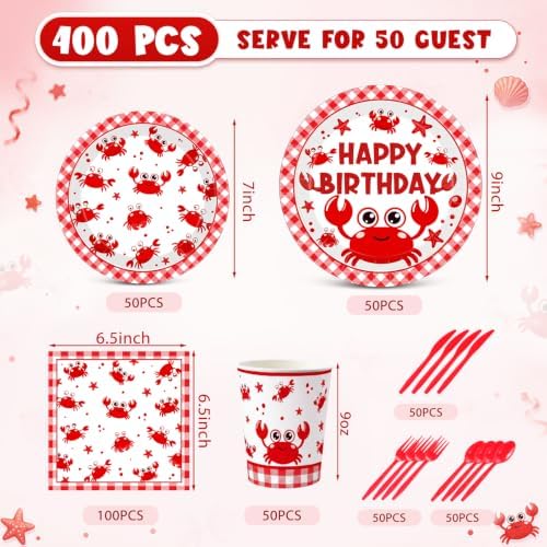 Funnymoom 400 Pcs Crab Boil Birthday Party Supplies for 50 Guest Seafood Disposable Plates Napkin Cup Spoon Fork Knives for Birthday Picnic BBQ Crab Seafood Boil Party Supplies - Image 3