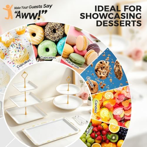 14Pcs Dessert Table Display Set, Cupcake Stand with Gold Metal Rod, 3-Tier Cup Cake Tower Stands, 2-Tiered Serving Trays, Food Platters for Tea Party, Baby Shower, Bridal, Wedding, Birthday, Plastic - Image 7