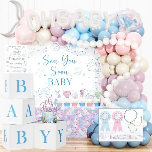 Mermaid Baby Shower Decorations, Sea You Soon Baby Shower Decorations with Backdrop, Balloon Garland, Boxes, headband for Girls Under the Sea Ocean Themed Party by Fiesec