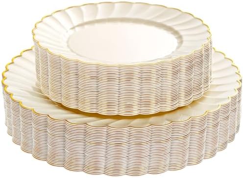 YOUBET 60PCS Ivory Scalloped Plastic Plates for Wedding Party by YOUBET