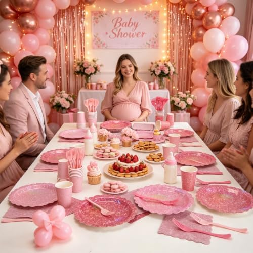 Pink Iridescent Party Tableware for 40 Guests, Holographic Paper Plates - Image 6