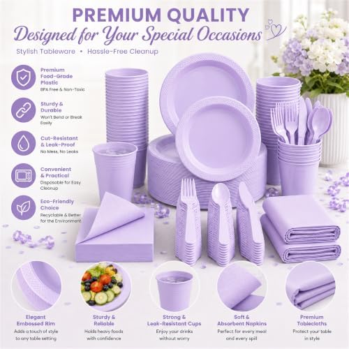 Tinybee 352 Pcs Lilac Plastic Plates, Disposable Dinnerware Set for 50 - Image 4