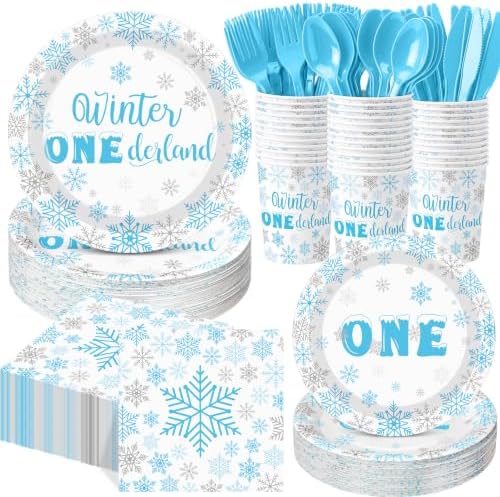 Pickmesh 400 Pcs Blue Winter Onederland Birthday Plates Cups and Napkins by Pickmesh