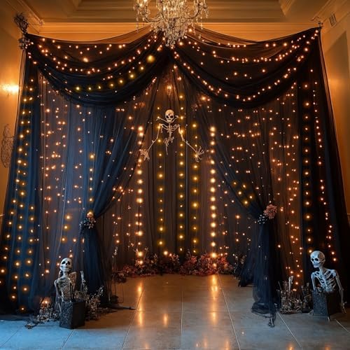 30×10ft Black Tulle Backdrop Curtain with Lights String for Parties, Sheer Curtain Backdrop Drapes for Wedding Party Photography Background - Image 2