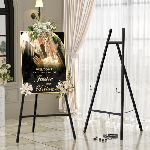 Black Metal Easel Stand for Sign,Heavy Duty Art Easel with Adjustable Chain,Tripod Structure,4-Level Height—Easels for Wedding Welcome Sign Holder,Baby Shower Poster,Birthday Party,Posters by GTSABWAY
