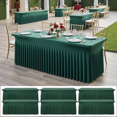 6 pk Hunter Green Spandex Tablecloth 8ft With Ruffle Table Skirt, Wrinkle Free Stretchy Fitted Tablecloths for 8 Foot Rectangle Tables, Elastic Spandex Table Covers for Weddings Parties Banquet Craft by ENJOYYOURPARTY