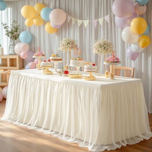 4 Pack Ivory Tablecloth for 6 Foot Rectangle Tables with Tulle Table Skirt - Image 6