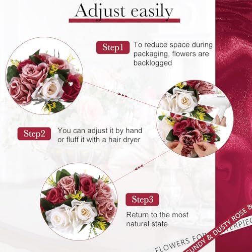 Hotop 12 Pcs Silk Rose Flower Balls,Burgundy, Dusty Pink, Creamy White - Image 5
