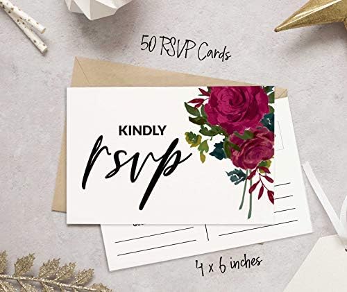 RSVP Postcards (Set of 50) 4"X6" Blank with Mailing Side,RSVP Reply Response Cards for Wedding Burgundy Floral Print Return Cards - Image 3