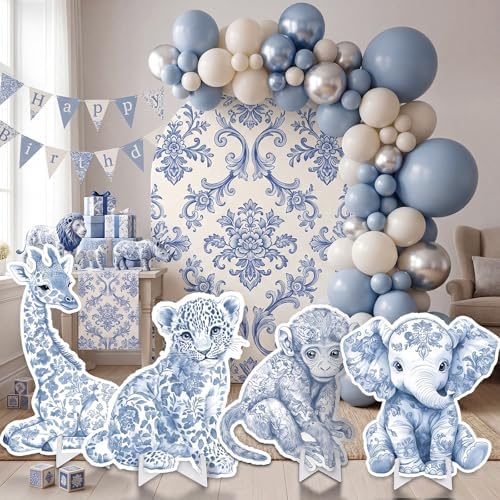 Honoson 4 Pcs 24.6" x 29.3" Large Blue Safari Toile De Jouy Baby Shower Decoration Cardboard Cutouts, Blue Floral Jungle Animal Yard Signs Standee for Wild One Birthday Party Supplies Gender Reveal - Image 6