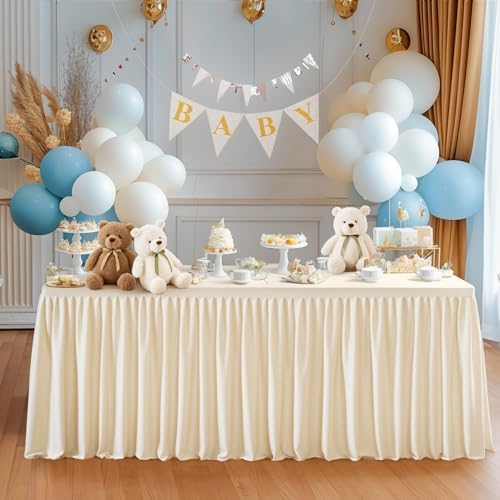 Light Champagne Polyester Table Clothes for 8 Foot Rectangle Tables, Wrinkle Free Fitted Table Cover 8ft Stretch Tablecloths with Skirt for Parties Weddings Birthday Banquet Baby Shower - Image 3